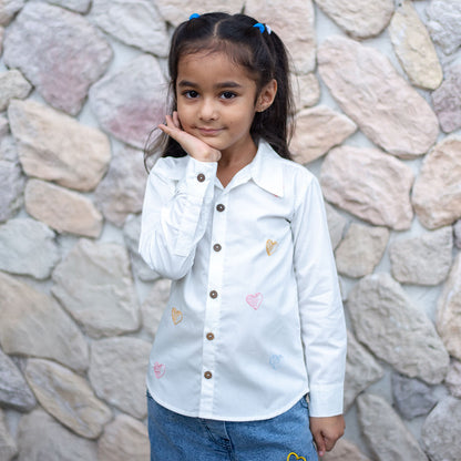 Colourful All Over Hearts Embroidered Shirt - White