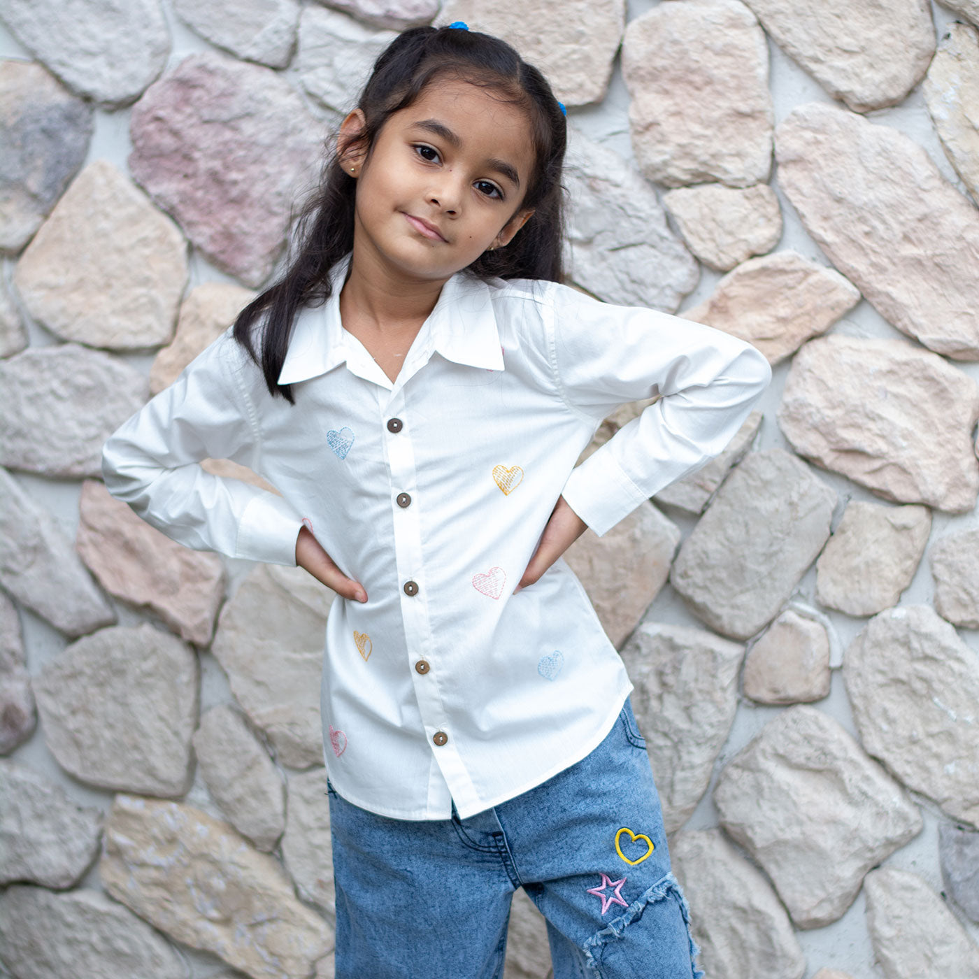 Colourful All Over Hearts Embroidered Shirt - White