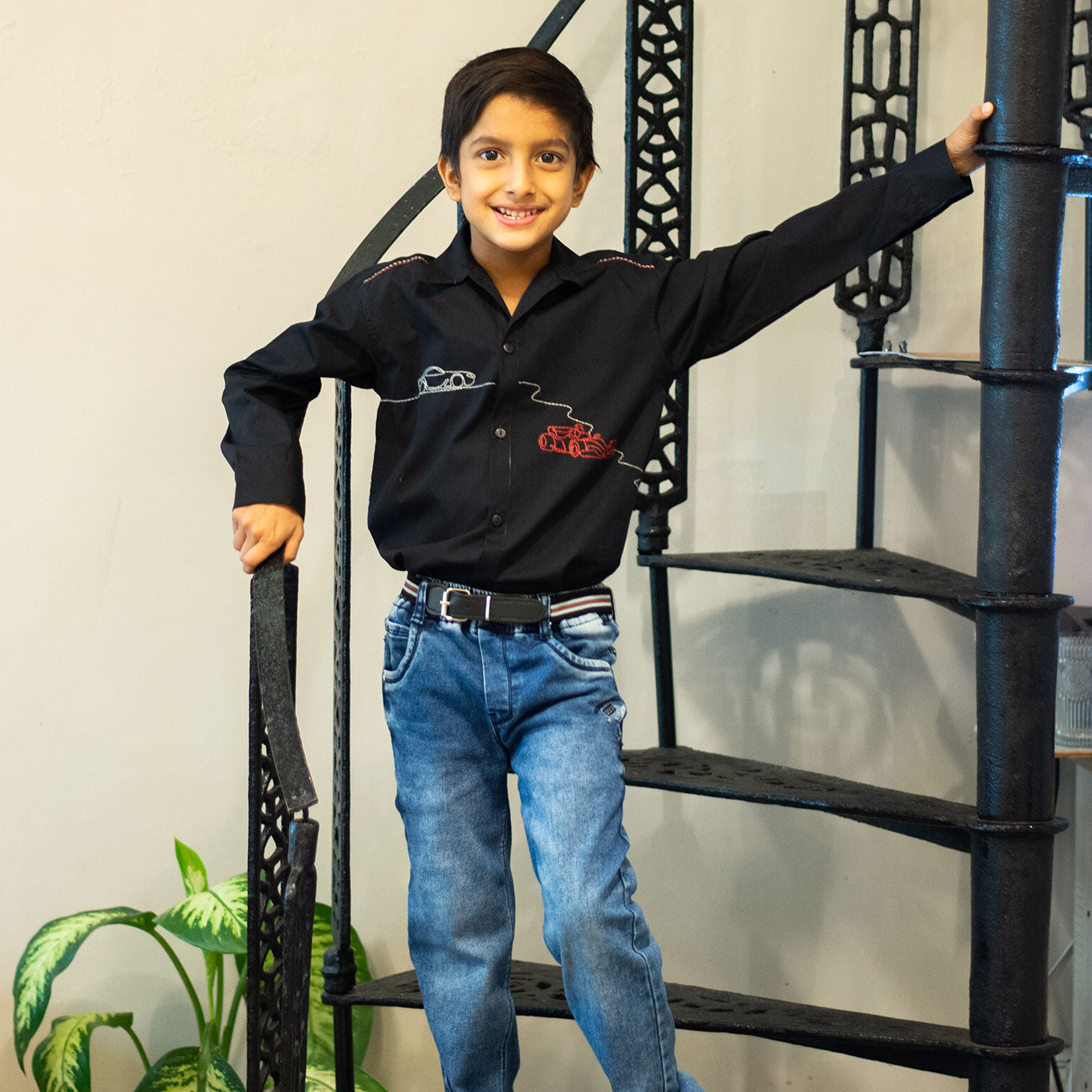 Dual Cars Embroidered Shirt - Black
