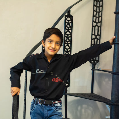 Dual Cars Embroidered Shirt - Black