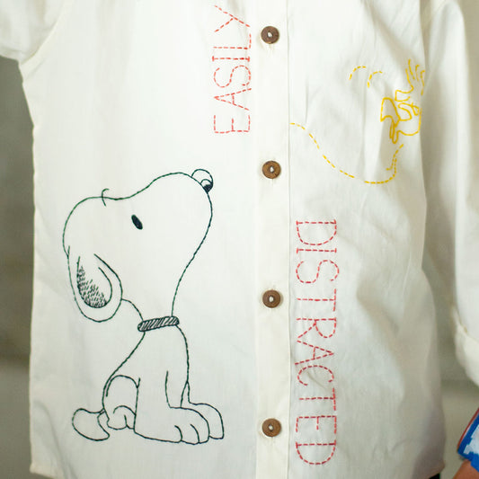 Easily Distracted Dog Embroidered Organic Cotton Shirt - White