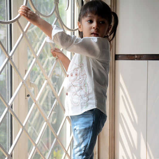 monkey embroidered organic white shirt kids