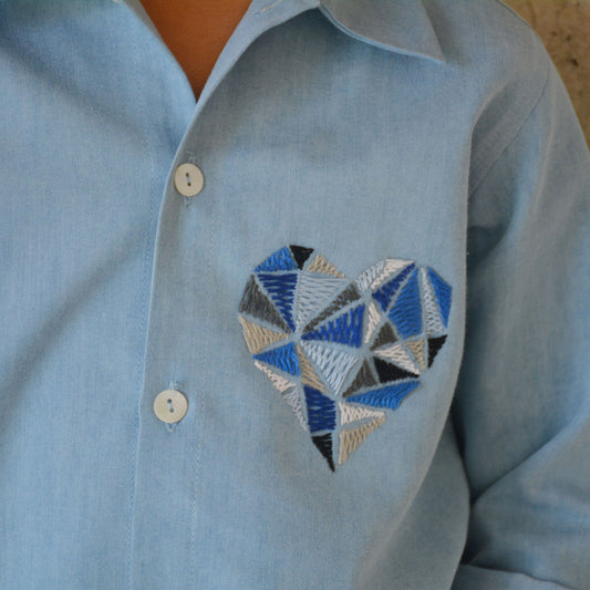 Geometric Heart Embroidered Denim Shirt