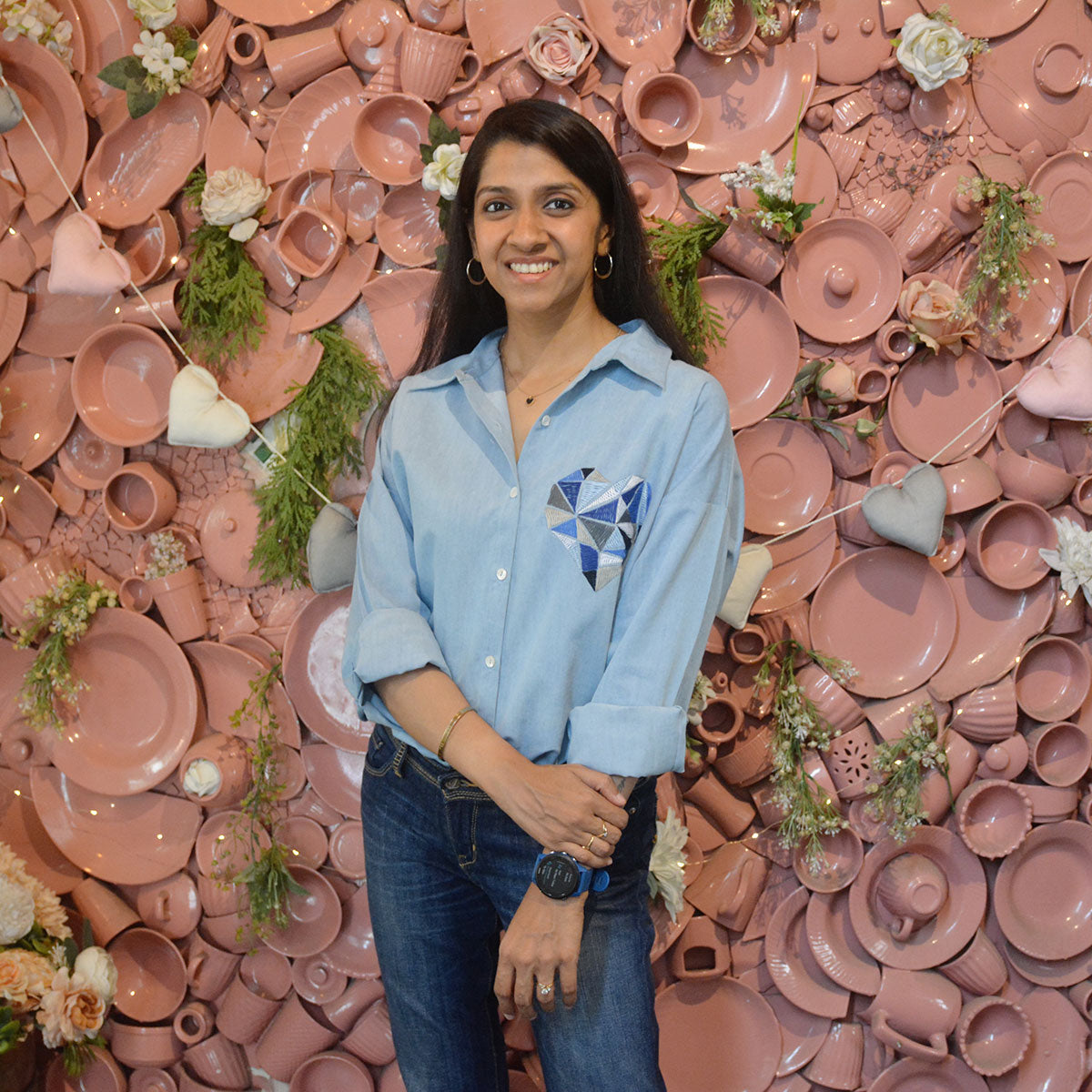 Geometric Heart Embroidered Denim Women Shirt