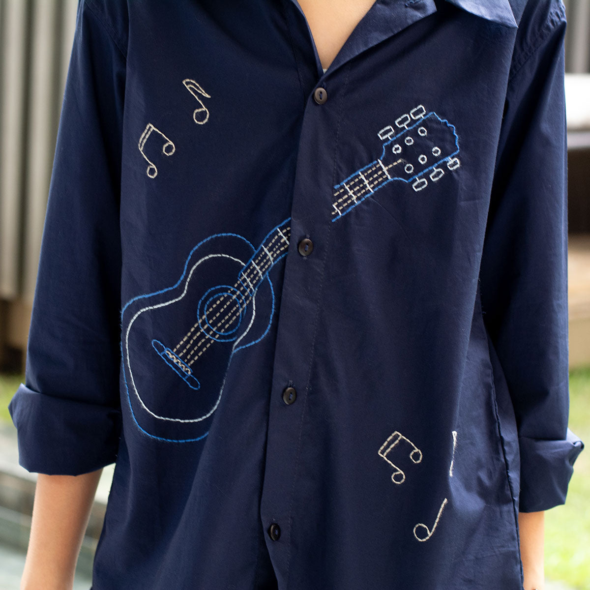 Guitar Player Embroidered Shirt - Navy