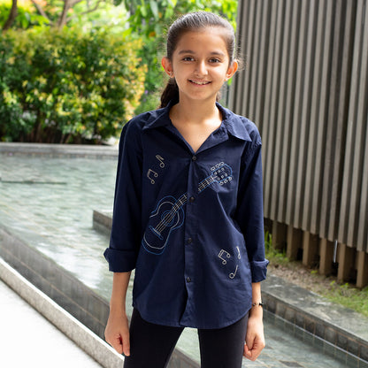 Guitar Player Embroidered Shirt - Navy