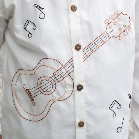 Guitar Player Embroidered Shirt - White