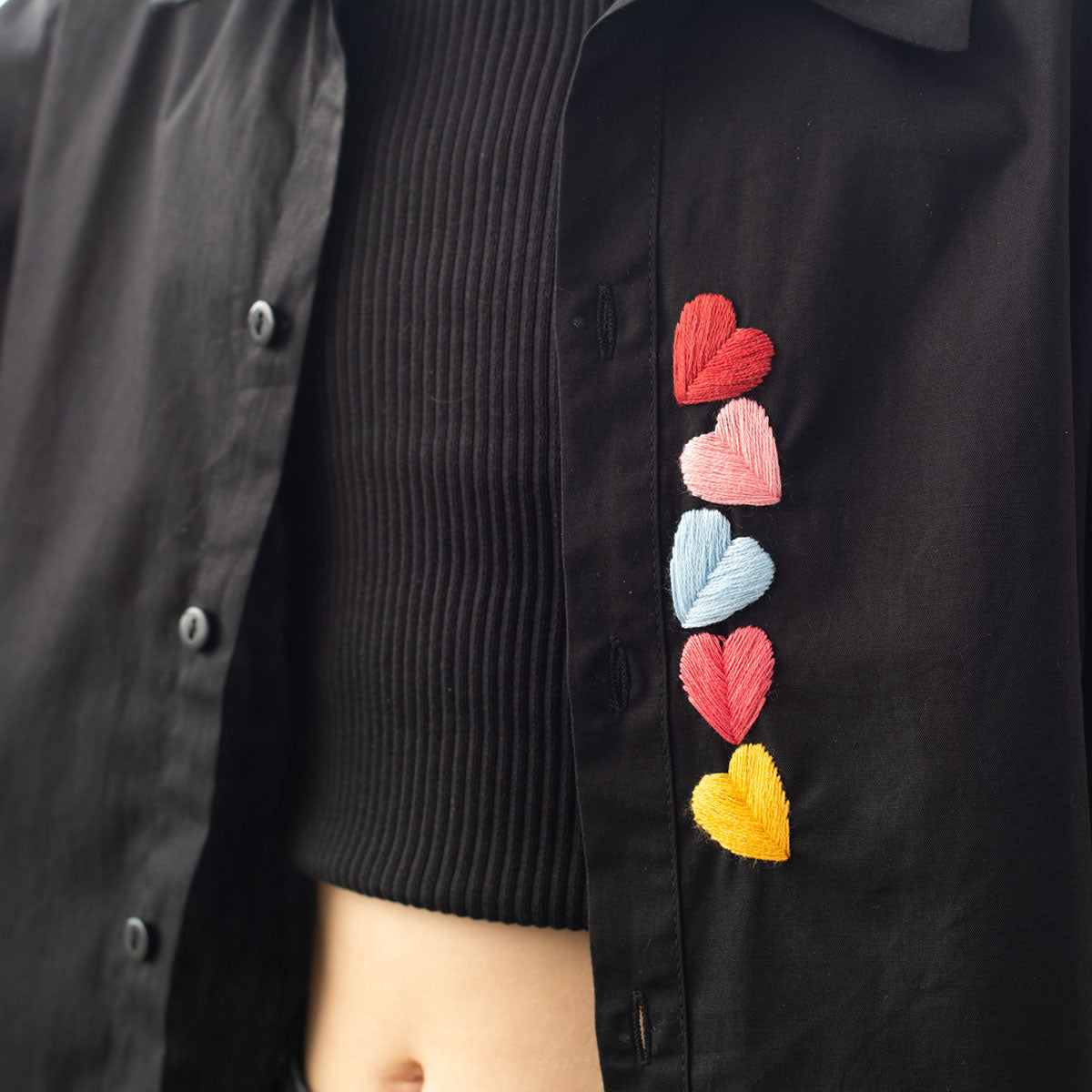 Haphazard Hearts Embroidered Organic Cotton Shirt - Black