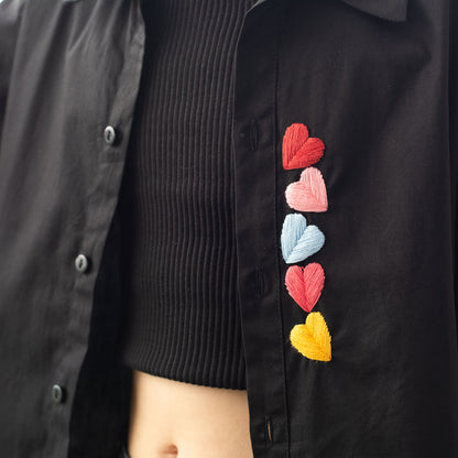 Haphazard Hearts Embroidered Organic Cotton Shirt - Black