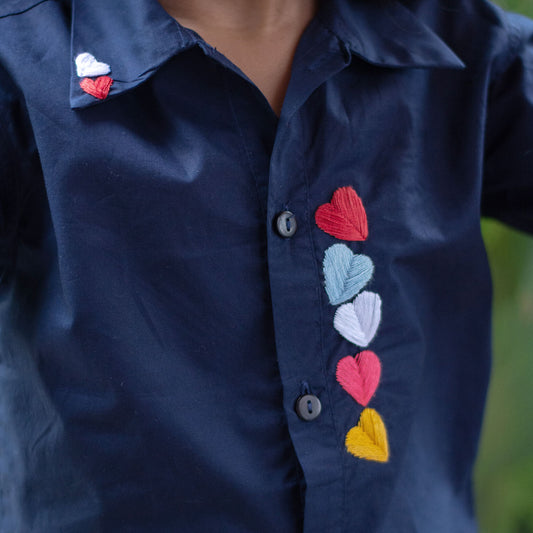 Haphazard Hearts Embroidered Organic Cotton Shirt - Navy