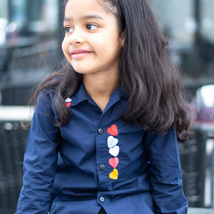 Haphazard Hearts Embroidered Organic Cotton Shirt - Navy