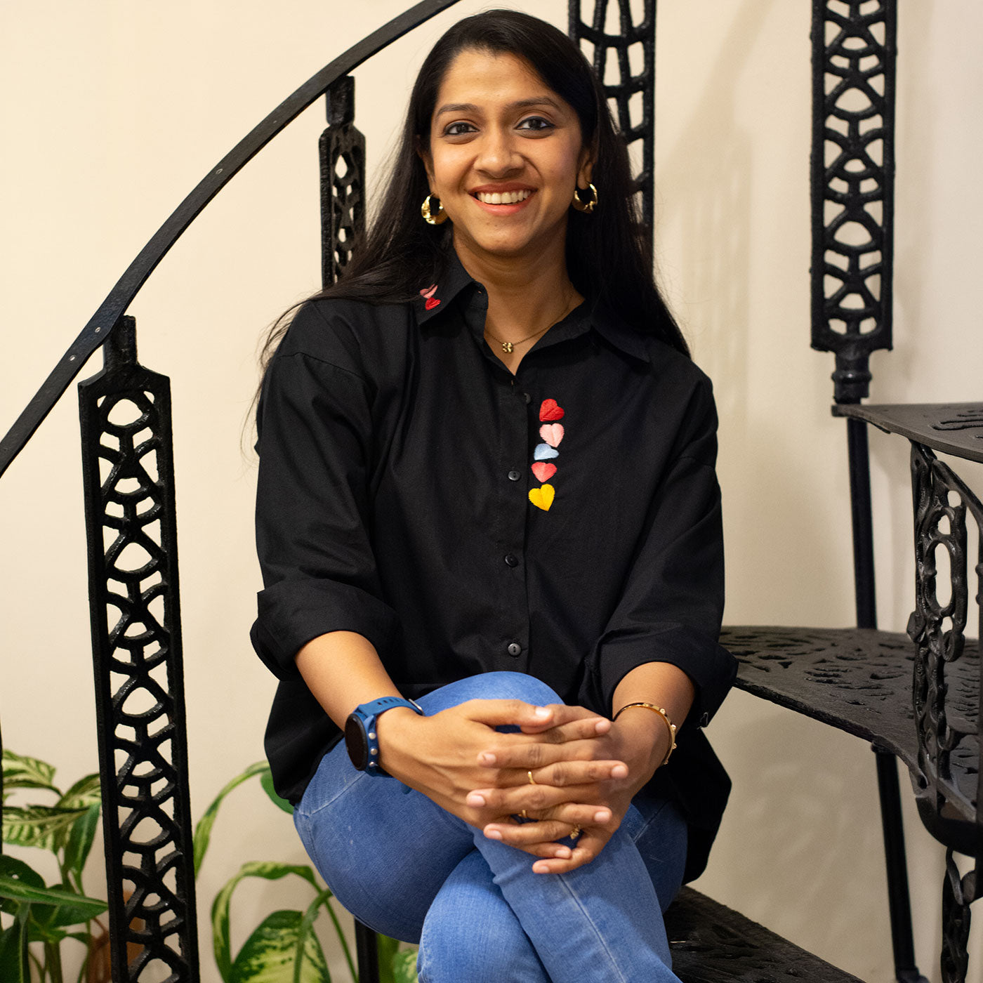 Haphazard Hearts Embroidered Organic Cotton Women Shirt - Black