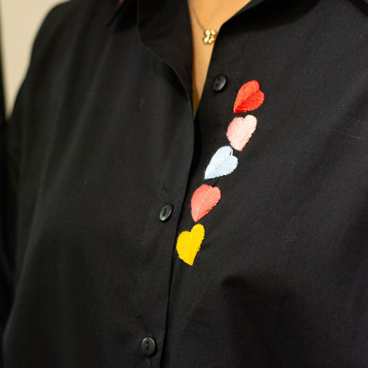 Haphazard Hearts Embroidered Organic Cotton Women Shirt - Black