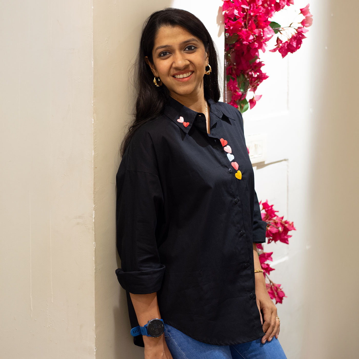 Haphazard Hearts Embroidered Organic Cotton Women Shirt - Black
