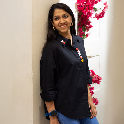 Haphazard Hearts Embroidered Organic Cotton Women Shirt - Black