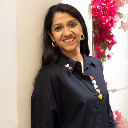 Haphazard Hearts Embroidered Organic Cotton Women Shirt - Black