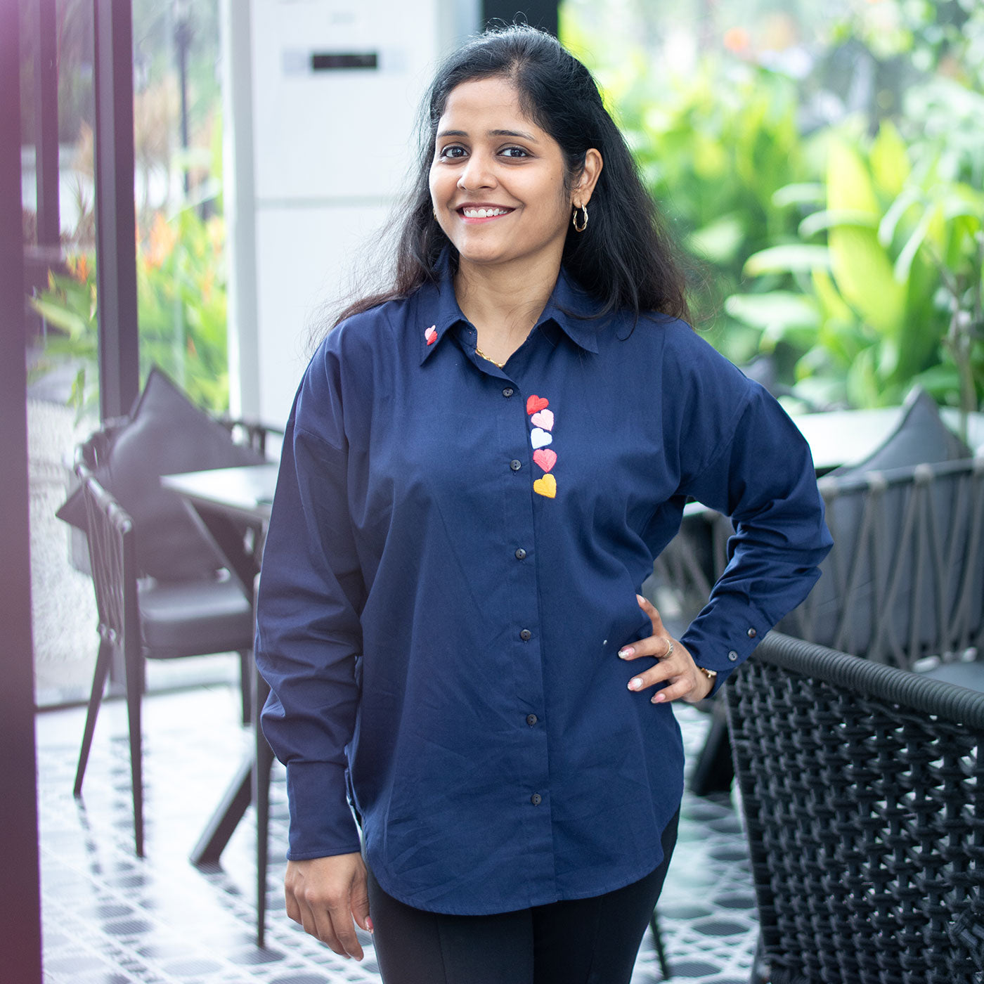Haphazard Hearts Embroidered Organic Cotton Women Shirt - Navy