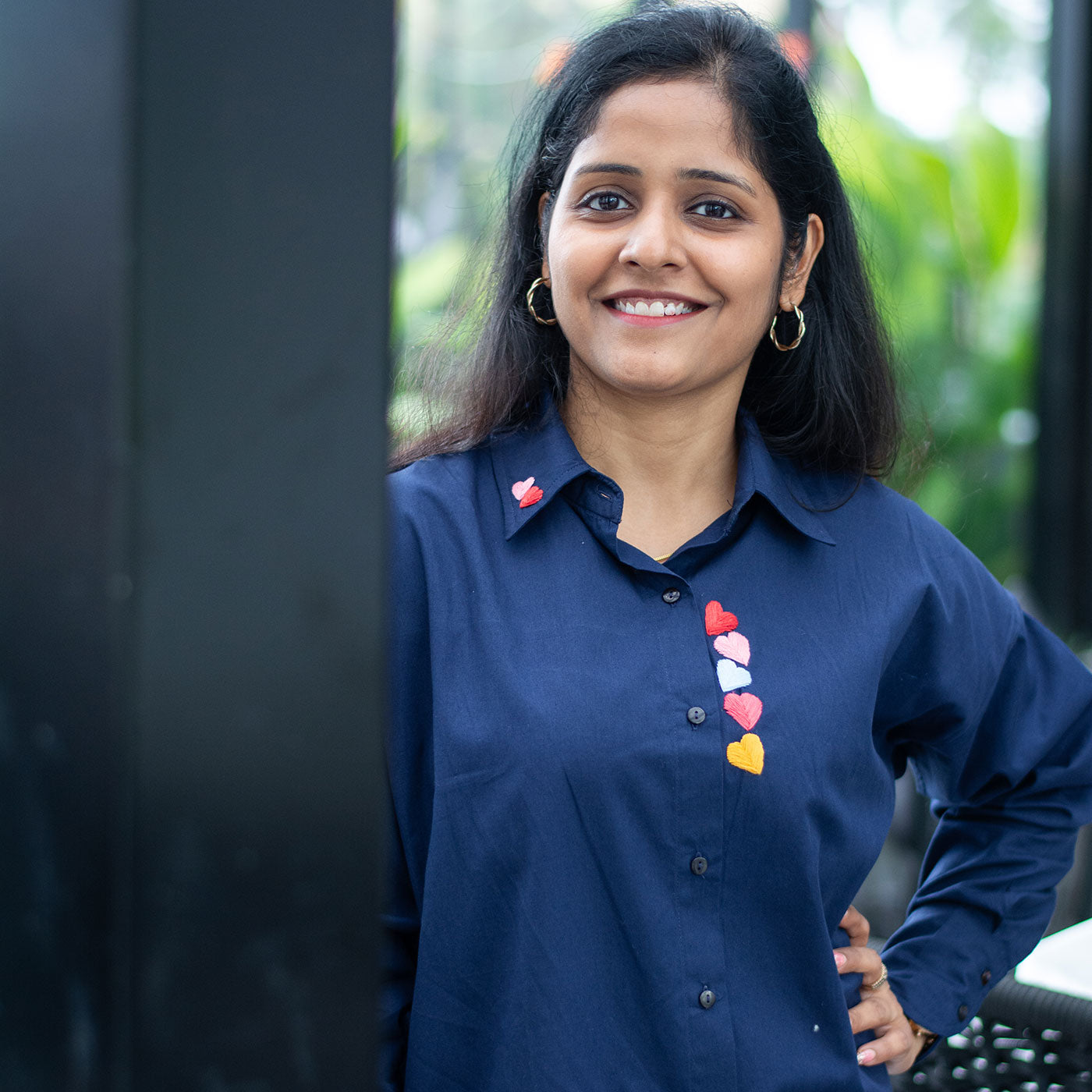 Haphazard Hearts Embroidered Organic Cotton Women Shirt - Navy