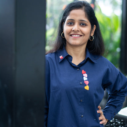 Haphazard Hearts Embroidered Organic Cotton Women Shirt - Navy