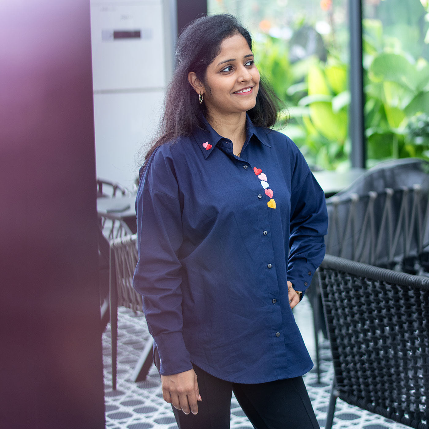 Haphazard Hearts Embroidered Organic Cotton Women Shirt - Navy