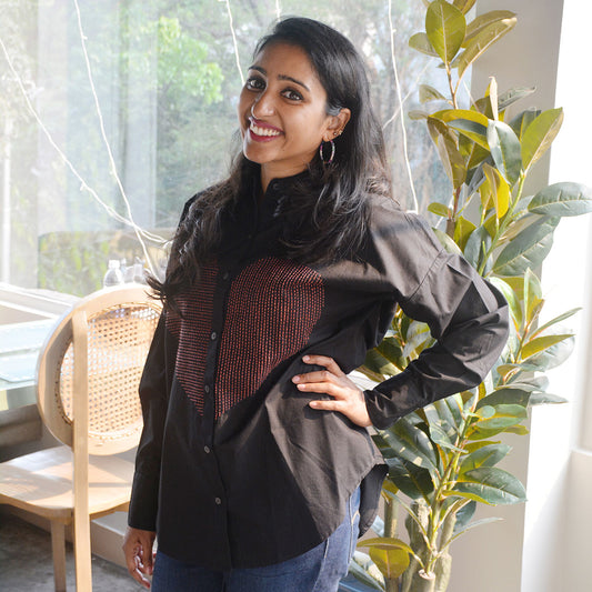 Lined Heart Embroidered Womens Shirt - White/Black