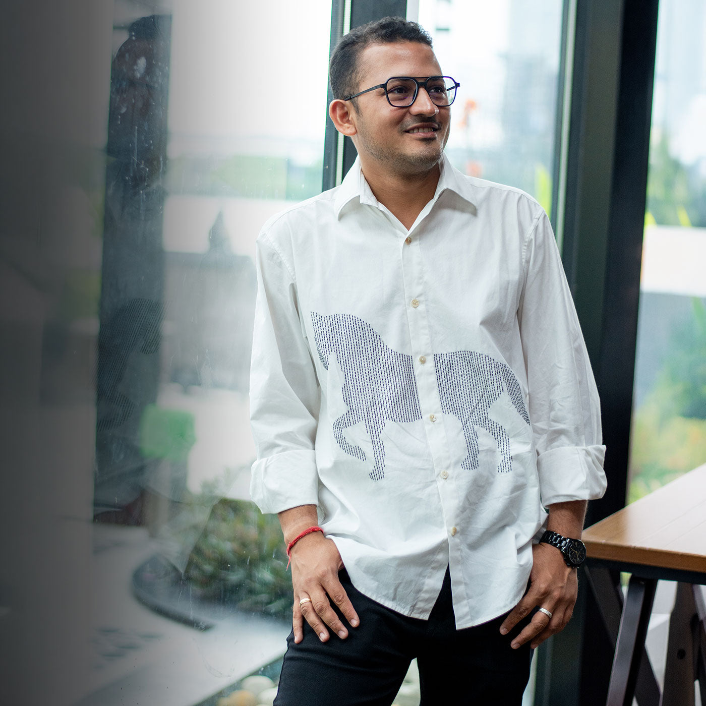 Lined Horse Embroidered Men Shirt - White