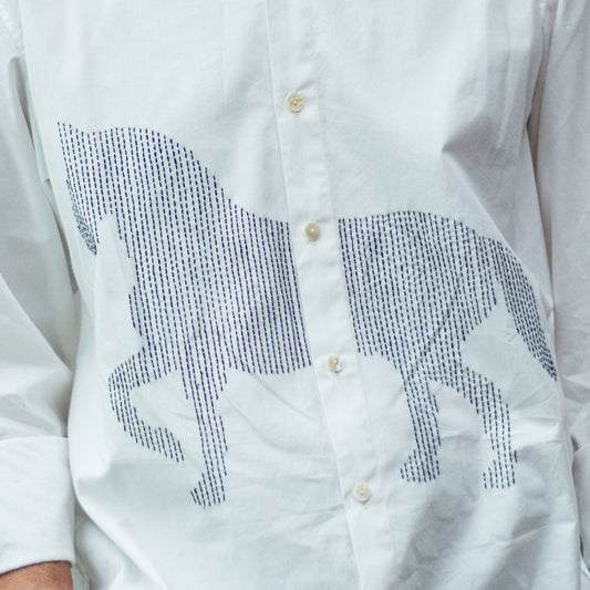 Lined Horse Embroidered Men Shirt - White