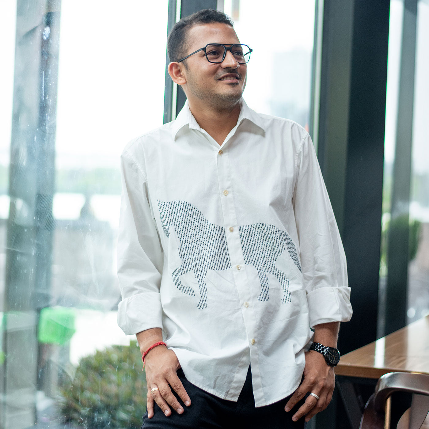 Lined Horse Embroidered Men Shirt - White