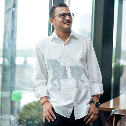 Lined Horse Embroidered Men Shirt - White