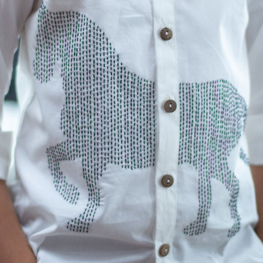 Lined Horse Embroidered Shirt - White