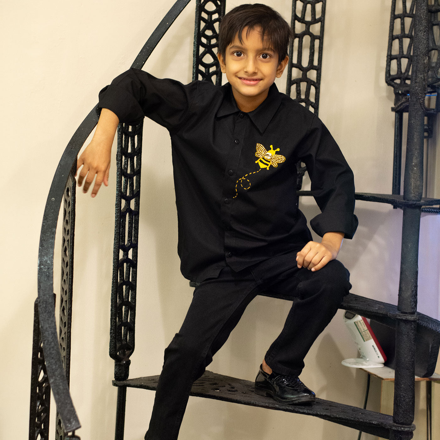 Little Bling Bee Embellished Shirt - Black