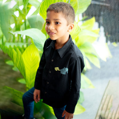 Mini Elephants Embroidered Organic Cotton Shirt - Black