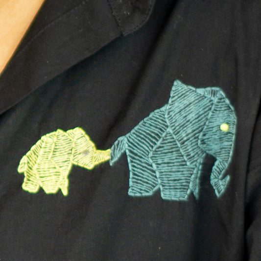 Mini Elephants Embroidered Organic Cotton Shirt - Black