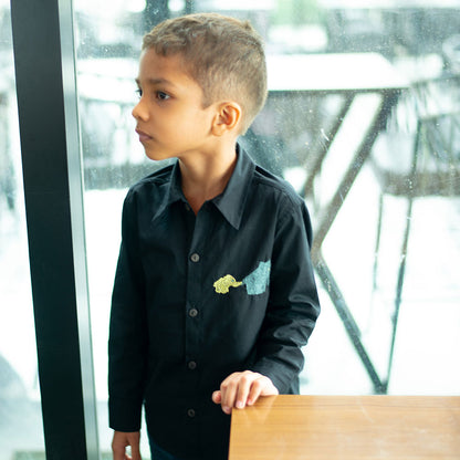 Mini Elephants Embroidered Organic Cotton Shirt - Black