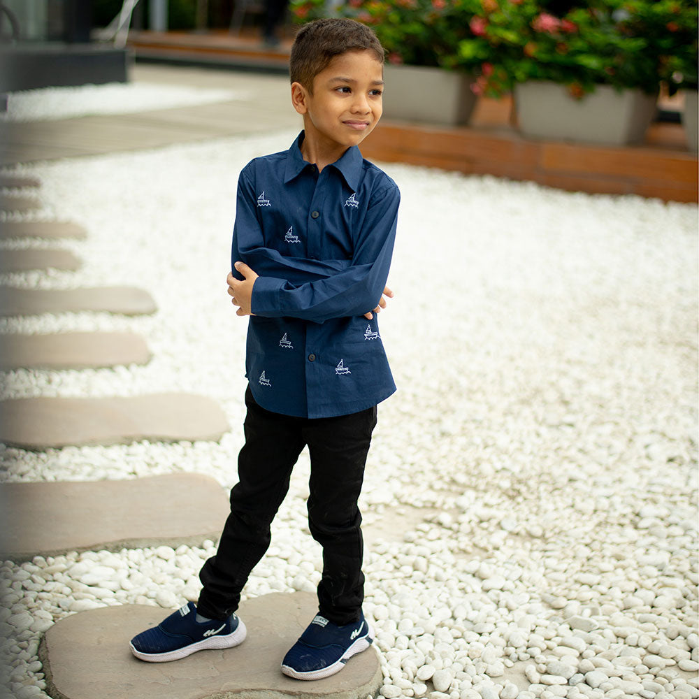 Mini Sail Boats Embroidered Organic Cotton Shirt - Navy