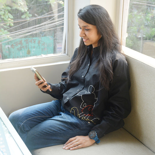 Mouse Embellished Women's Shirt - Black/White