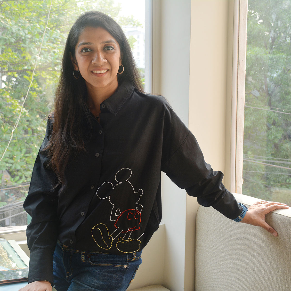 Mouse Embellished Women's Shirt - Black/White