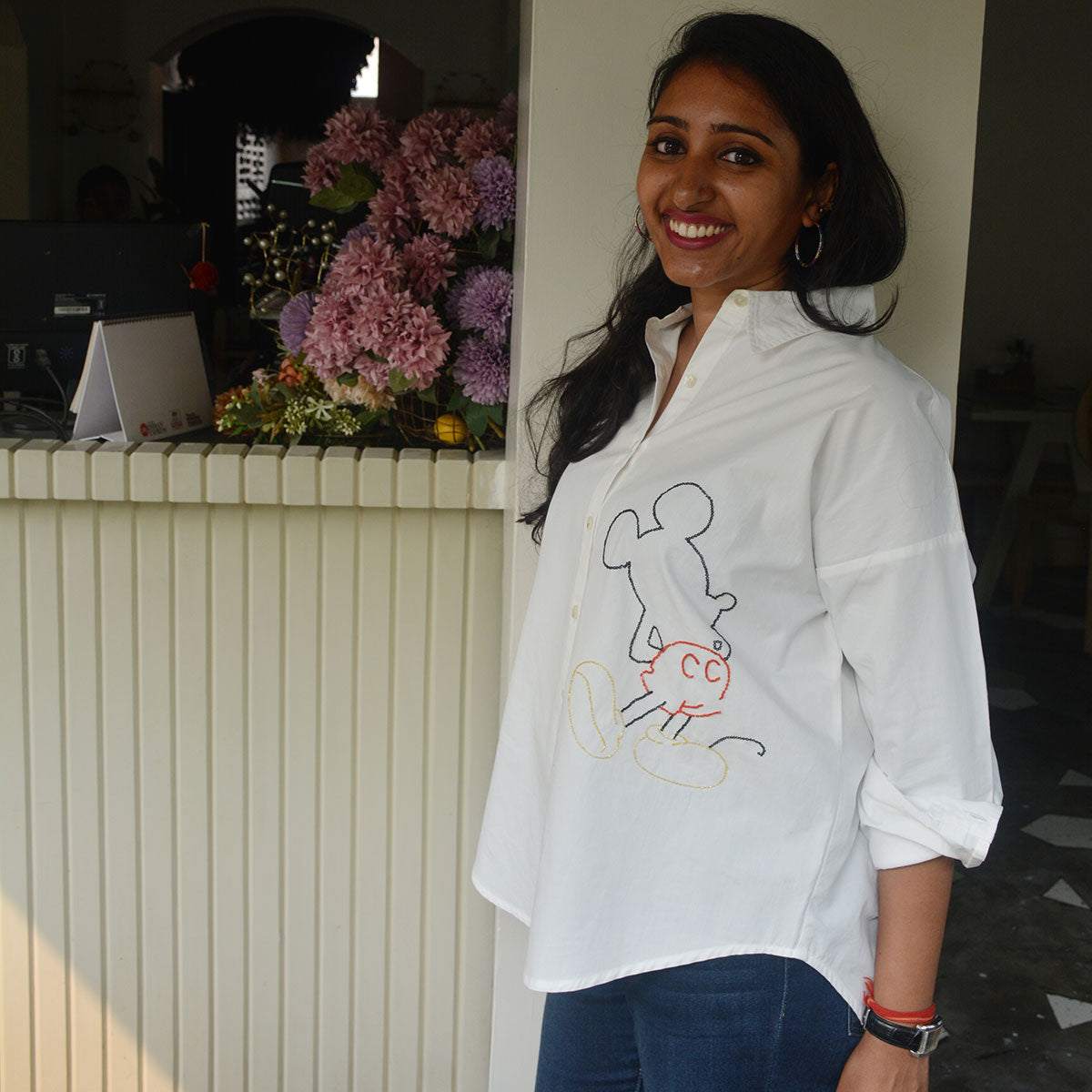 Mouse Embellished Women's Shirt - Black/White