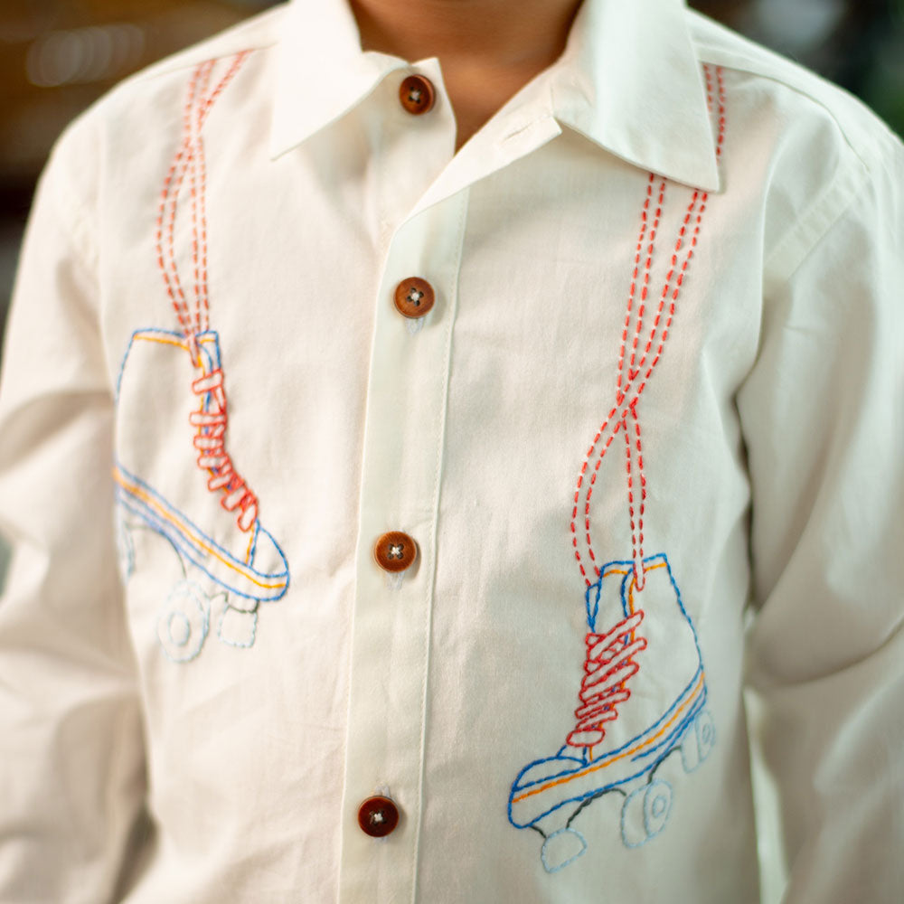 Roller Skates Embroidered Organic Cotton Shirt - White