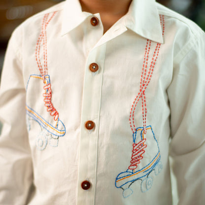 Roller Skates Embroidered Organic Cotton Shirt - White
