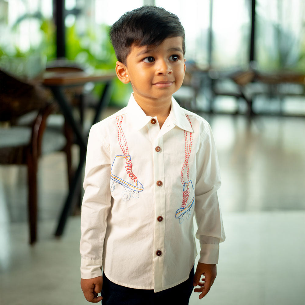 Roller Skates Embroidered Organic Cotton Shirt - White