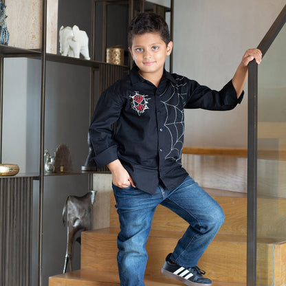 Spidey Icon and Web Embroidered Shirt - Black