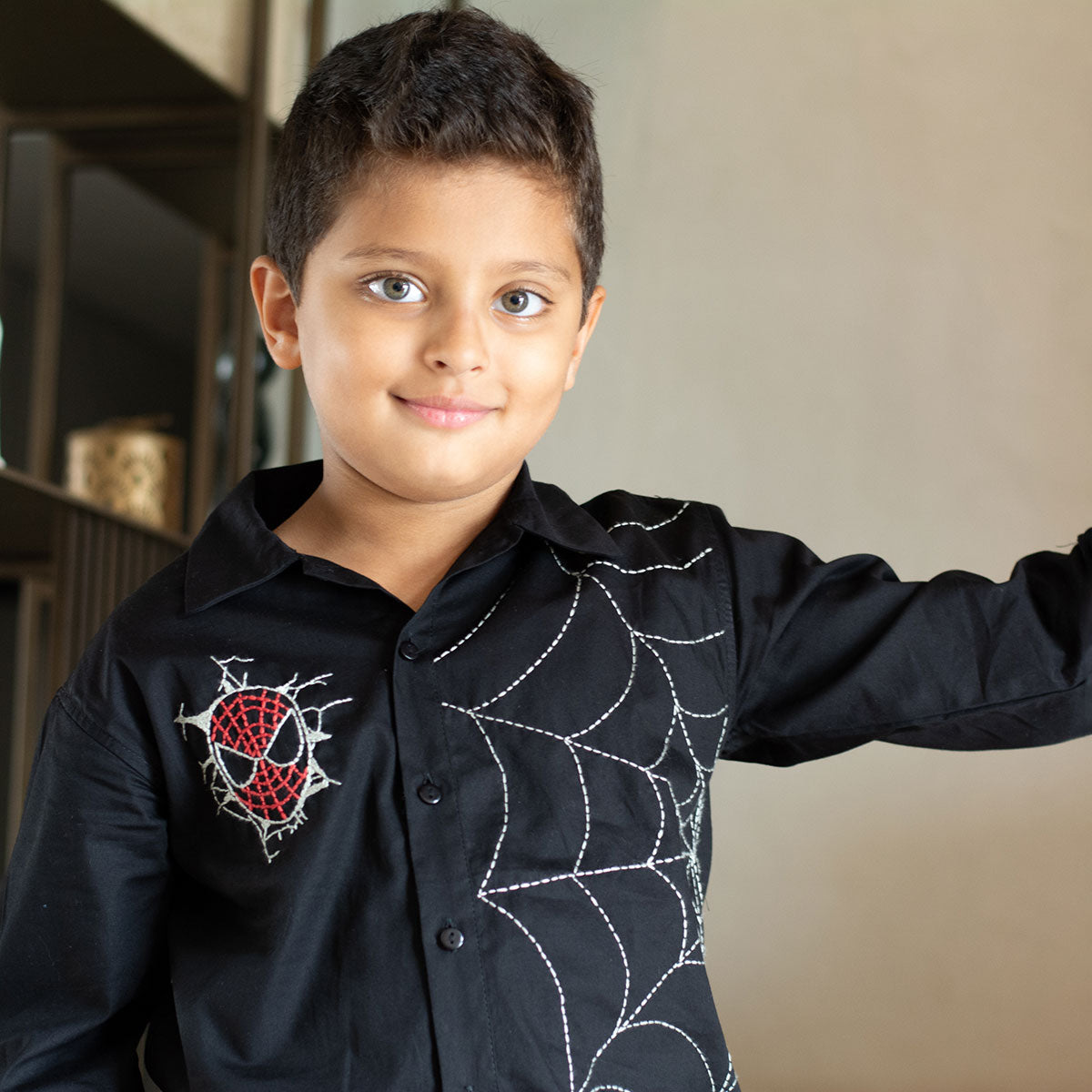 Spidey Icon and Web Embroidered Shirt - Black