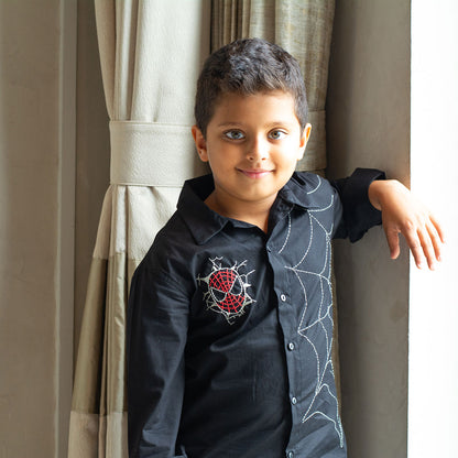 Spidey Icon and Web Embroidered Shirt - Black