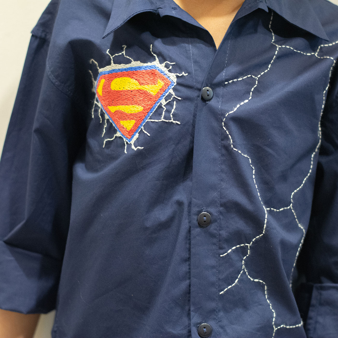 Superhero Icon and Cracks Embroidered Shirt - Navy