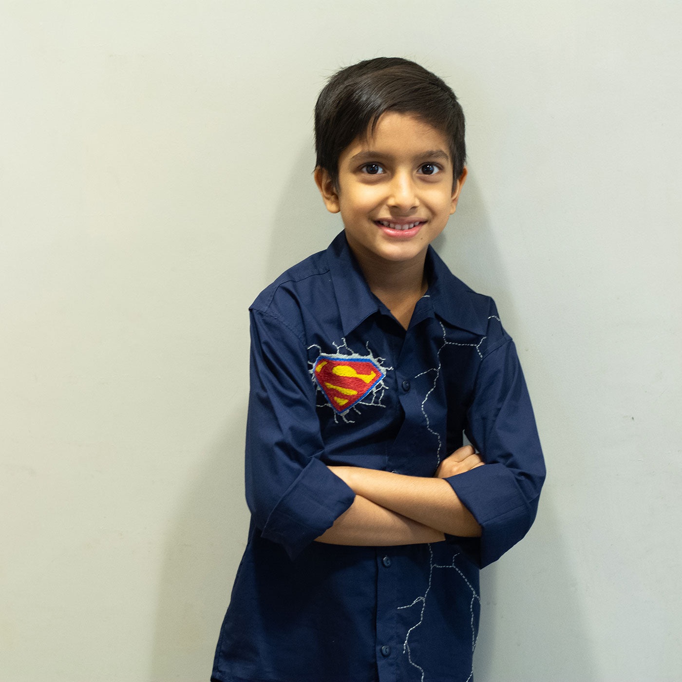 Superhero Icon and Cracks Embroidered Shirt - Navy