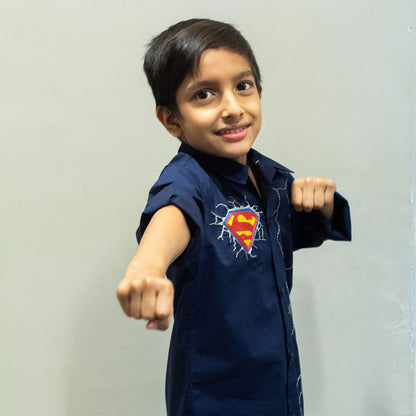 Superhero Icon and Cracks Embroidered Shirt - Navy