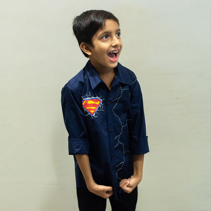 Superhero Icon and Cracks Embroidered Shirt - Navy