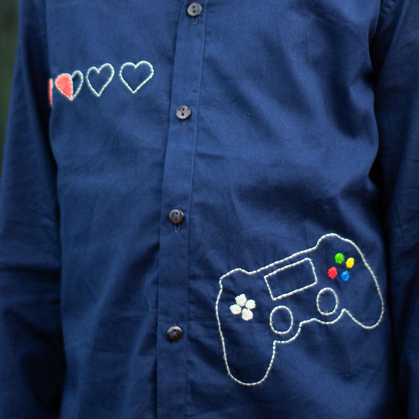 Video Game Embroidered Organic Cotton Shirt - Navy