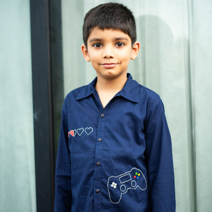Video Game Embroidered Organic Cotton Shirt - Navy